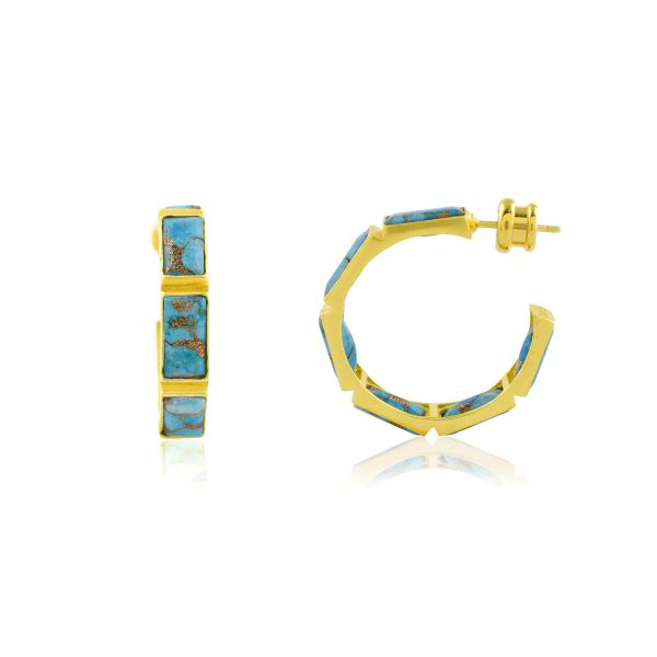 Hexagonal Hoop Earrings Gold plated hexagonal hoop earrings with turquoise inlay and push back closure