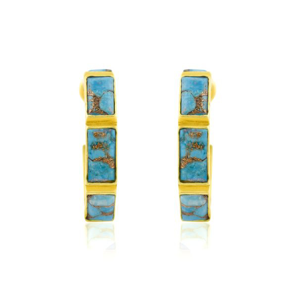 Hexagonal Hoop Earrings Pair of hexagonal hoop earrings with stone inlay design, crafted in gold, silver, or brass with push back fastening