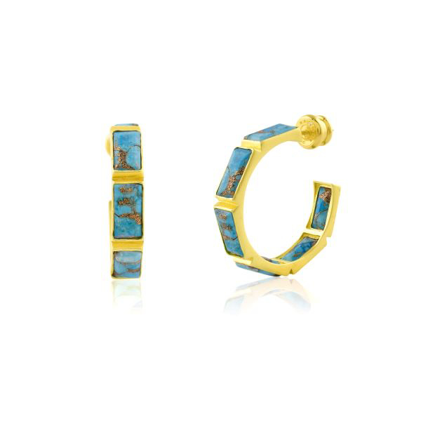 Hexagonal Hoop Earrings Modern hexagonal hoop earrings featuring turquoise or multigemstone inlay, set in gold plated, silver, or brass metal