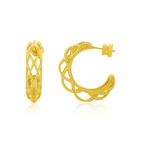 Lattice Textured C- Hoop Earrings A pair of C-hoop earrings with a bold profile and an ornate textured filigree design. The base metal is Brass or Sterling Silver, and the buyer can select a finish of Silver, Flash Gold, 1 Micron Gold, or 2.5 Micron Gold plating.
