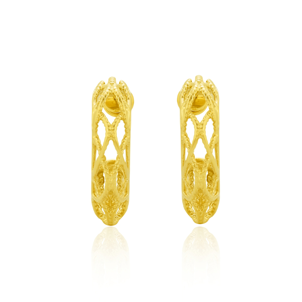 Lattice Open-Work Textured Hoop Earrings A pair of yellow gold-plated C-hoop earrings displayed against a white background. One earring is shown from the side, revealing the post and clutch backing, and the open-work filigree pattern. The other is seen from a more straight-on angle, highlighting the overall textured and detailed design.