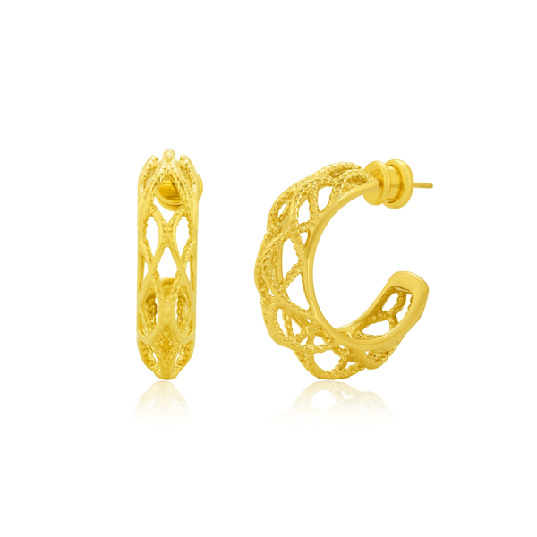 Lattice Hoop Earrings A pair of intricate hoop earrings featuring an open-work or filigree lattice pattern and a textured surface. Available in a base metal of Brass or Sterling Silver, with plating options including Silver, Flash Gold, 1 Micron Gold, or 2.5 Micron Gold.