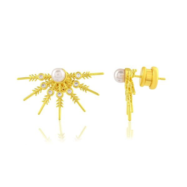 Sunburst Stud Earrings A pair of sunburst stud earrings with a semi-circle of textured rays and CZ accents. Features a central gemstone (e.g., Pearl). Available with customizable Brass or 925 Silver base and Gold/Silver plating options.