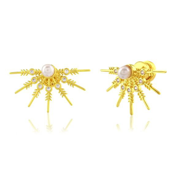 Sunburst Stud Earrings Side profile of a gold-plated sunburst stud earring, showing the secure backing, CZ accents, and radiating rays. Customizable in Brass or 925 Silver with various plating and centre stone choices.