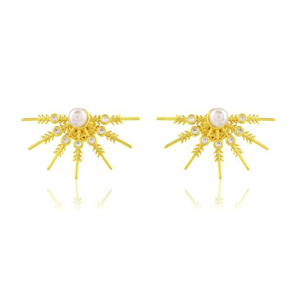 Sunburst Stud Earrings A pair of sunburst stud earrings with a central gemstone and radiating rays, shown at an angle. Base metal (Brass or 925 Silver), plating, and center stone are all customizable options.