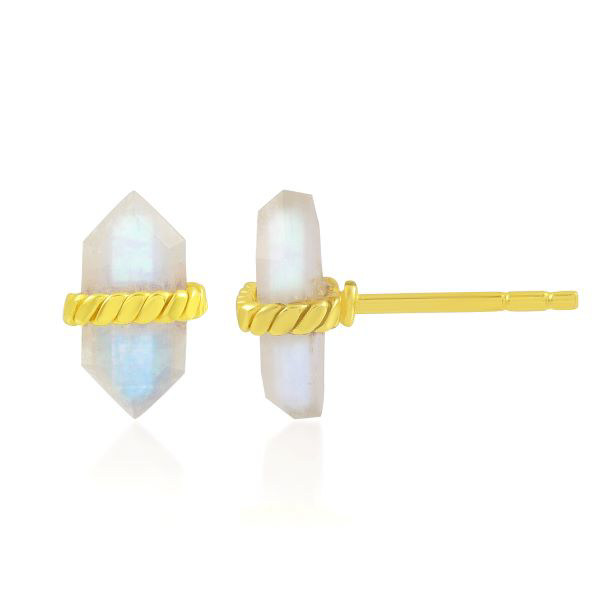 Show details for Double Point Crystal Stud Earring A pair of gold-plated double-terminated crystal stud earrings. The clear, iridescent Moonstone bar is wrapped in a twisted rope band.
