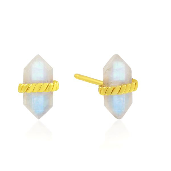 Show details for Double Point Crystal Stud Earring Close-up side view of a gold-plated double point stud earring, showing the ear post and the Moonstone crystal secured by the twisted rope wrap.