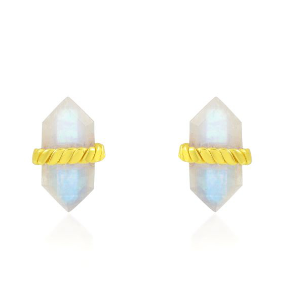 Show details for Double Point Crystal Stud Earring Two gold-plated double-terminated crystal earrings showing the faceted points of the Moonstone bars and the textured, rope-style metal wrap.