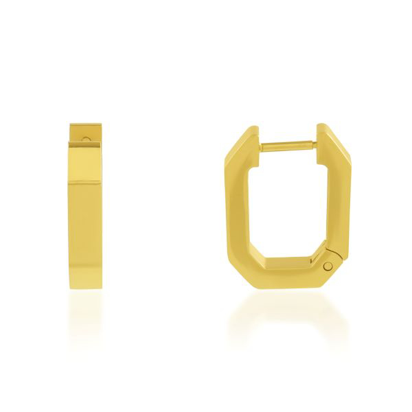 Show details for Octagon Hoop Earrings A pair of gold-plated modern octagon hoop earrings, highlighting the distinct faceted edges and eight-sided geometric shape.