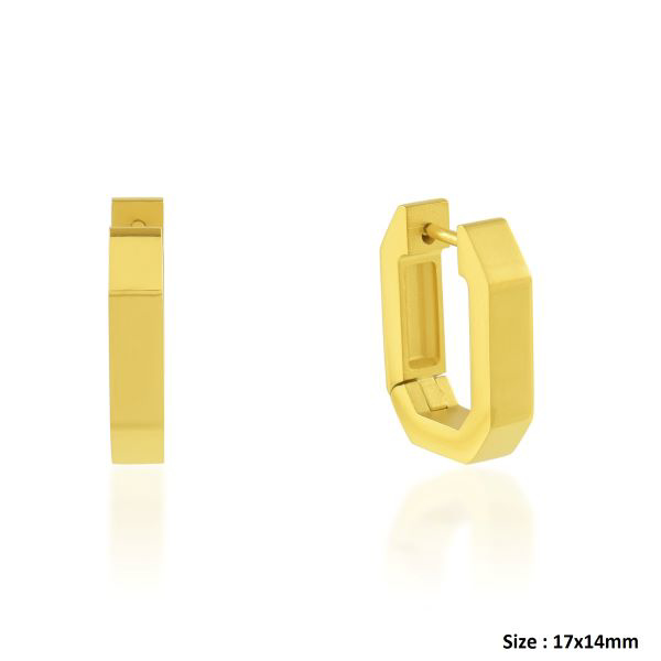 Show details for Octagon Hoop Earrings A pair of yellow gold-plated octagon hoop earrings with a sleek, modern, faceted design. One earring is viewed from the side and the other from the front.